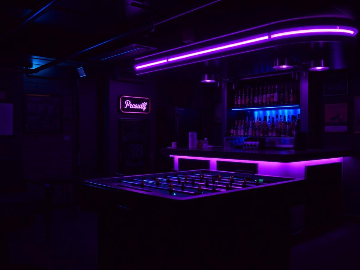 Bar a fotbálek ve Frei Baru v neonovém osvětlení